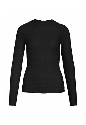 Long-sleeve black top made of textured fabric with a wavy pattern; round neckline; fitted silhouette. No visible hardware or accents.