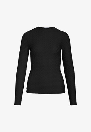 Long-sleeve black top made of textured fabric with a wavy pattern; round neckline; fitted silhouette. No visible hardware or accents.