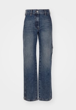 Hoch taillierte weite Jeans in mittlerem blauen Denim, mit einem Knopfverschluss, Gürtelschlaufen und seitlichen Taschen mit einer glatten Textur.