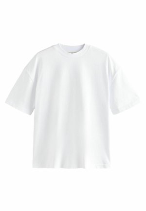 Weißes Baumwoll-T-Shirt mit kurzen Ärmel, Rundhalsausschnitt und lockerer Passform. Glatte Textur, keine Muster oder Designs sichtbar.
