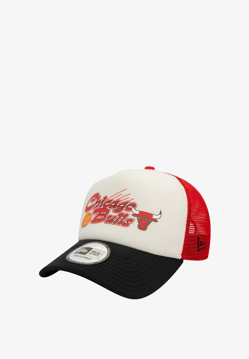 Red and white mesh cap with a black brim, featuring "Chicago Bulls" logo and basketball graphic on the front. Adjustable strap at the back.