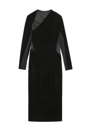 Schwarzes Midikleid mit langen Ärmeln, asymmetrischem Ausschnitt und transparenten Mesh-Seiteneinsätzen.