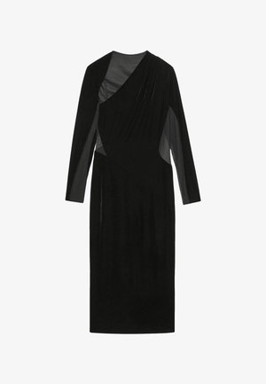 Schwarzes Midikleid mit langen Ärmeln, asymmetrischem Ausschnitt und transparenten Mesh-Seiteneinsätzen.