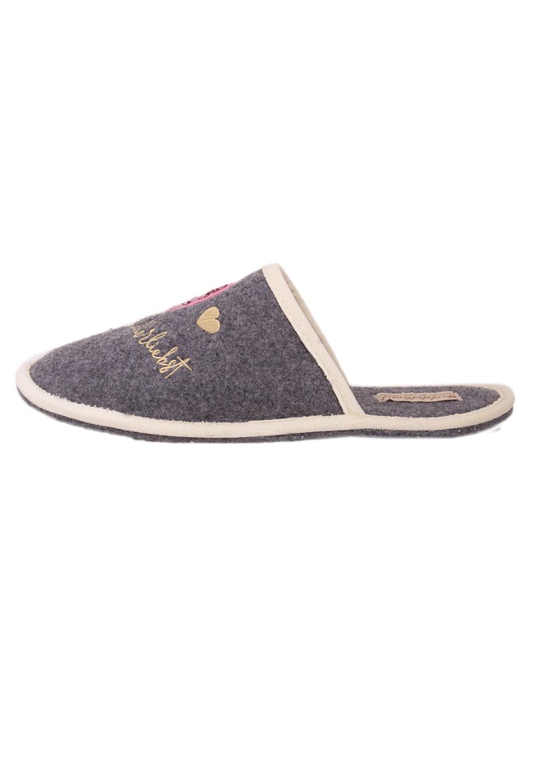 Gray felt slipper with a rounded toe, beige trim, and decorative embroidery featuring a heart and text. Soft texture for comfort.