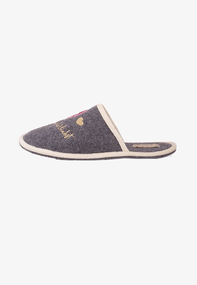 Gray felt slipper with a rounded toe, beige trim, and decorative embroidery featuring a heart and text. Soft texture for comfort.