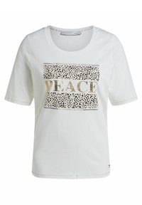 Witte T-shirt met korte mouwen, met een gouden "PEACE"-print en accenten van zwarte dierenprint en tekst. Zacht katoenen materiaal, ronde halslijn.