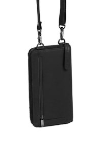 Borsa a tracolla in pelle nera con un design elegante, dotata di una chiusura principale a cerniera, cuciture decorative e una tracolla rimovibile.