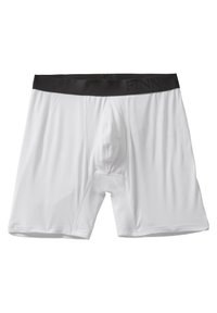 Weiße Boxershorts aus elastischem Stoff; mit einem schwarzen elastischen Bund mit eingeprägtem "FINN". Glatte Textur und enganliegendes Design.