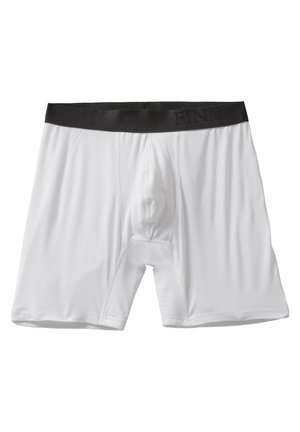 White boxer briefs made of stretchy fabric; features a black elastic waistband with "FINN" embossed. Smooth texture and fitted design.