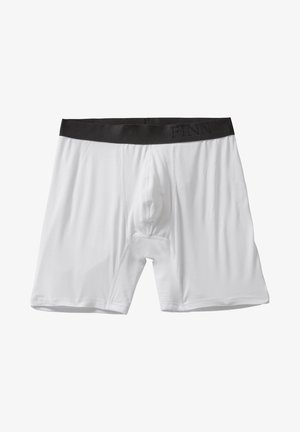 White boxer briefs made of stretchy fabric; features a black elastic waistband with "FINN" embossed. Smooth texture and fitted design.