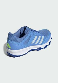 Modrá športová topánka s sieťovaným zvrškom, bielymi akcentmi a textúrovanou podrážkou. Obsahuje polstrovaný golier a kontrastné zelené logo na päte.