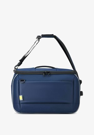 Borsa a spalla blu navy con lati imbottiti, zip nera, tracolla regolabile, tasca frontale e dettaglio del logo giallo sul lato.