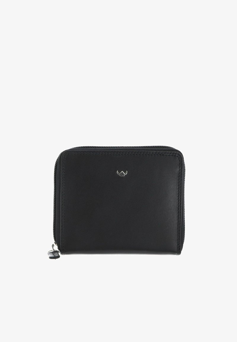 Portefeuille compact en cuir noir avec fermeture éclair tout autour, petit emblème argenté centré sur le devant et tirette sur le côté.