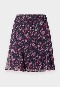 Jupe bleu foncé avec motif floral rose, taille élastique et ourlet légèrement évasé, en tissu léger et transparent.