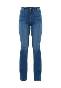 Jeans a palazzo in denim blu con vita alta, con zip frontale, cinque tasche e delicate sfumature sulle cosce.