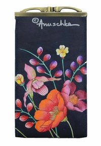 Lederbörse mit einem dunkelblauen Hintergrund und bunten Blumenmustern. Beinhaltet einen Metallverschluss an der Oberseite zum Schließen.