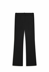 Pantalons évasés noirs avec une texture de tissu lisse, deux poches avant, un devant plat et une taille ajustée. Aucun motif ou embellissement visible.