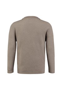 Beige lange mouw pullover met een gestructureerde brei, met een ronde hals en een klein label aan de achterkant. Glad stoffen afwerking.