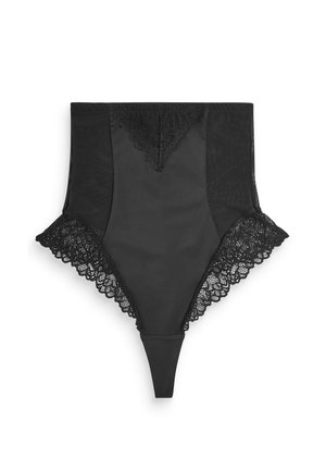Black high-waisted bodysuit with lace accents, featuring a triangular lace panel at the top and scalloped lace edges on the sides.