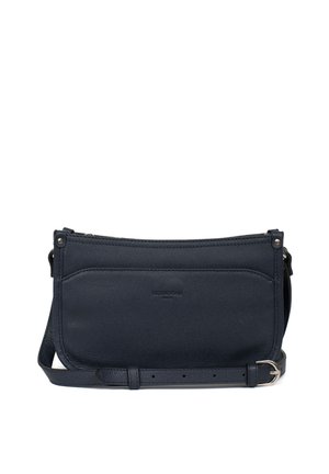 Navy blue leather crossbody bag with a flat design, smooth texture, and a front pocket. Includes an adjustable strap and metal hardware accents.