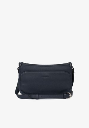 Borsa a tracolla in pelle blu navy con design piatto, texture liscia e tasca frontale. Include una tracolla regolabile e dettagli in metallo.