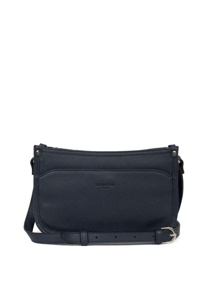 Borsa a tracolla in pelle blu navy con design piatto, texture liscia e tasca frontale. Include una tracolla regolabile e dettagli in metallo.