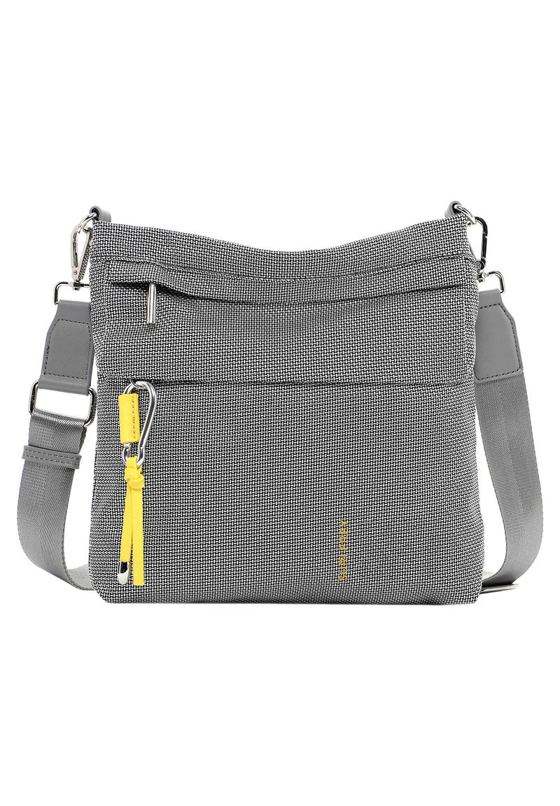Borsa a tracolla grigia testurizzata con cinturino regolabile, tasca frontale con zip, dettaglio giallo e accessori in argento. Design compatto e leggero.
