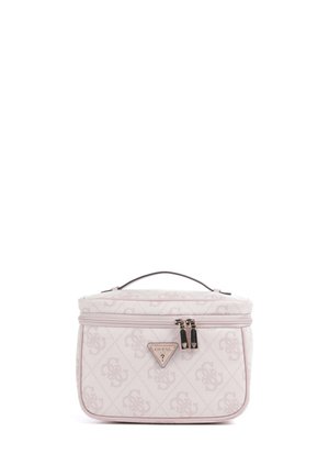 Borsetta cosmetica Guess rosa chiaro con motivo a monogramma, toppa con logo triangolare, doppi zip e manico superiore.