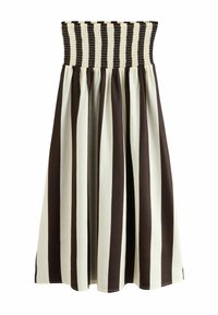 Jupe rayée avec une taille smockée en noir et crème, ornée de larges rayures verticales alternant entre marron foncé et crème clair.