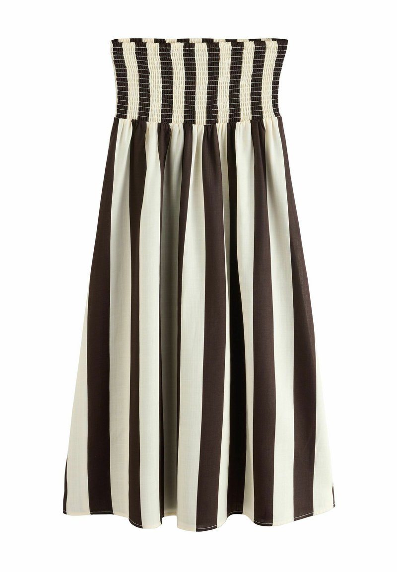 Jupe rayée avec une taille smockée en noir et crème, ornée de larges rayures verticales alternant entre marron foncé et crème clair.