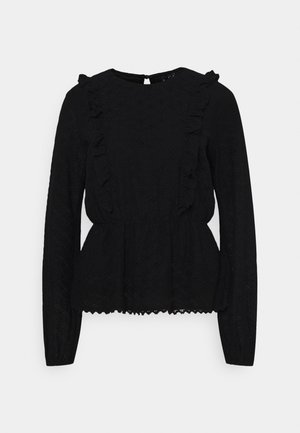 Zwarte blouse met lange mouwen, een gestructureerd kantpatroon, rimpelaccenten langs de schouders en een getailleerde taille, met een gegolfde zoom.