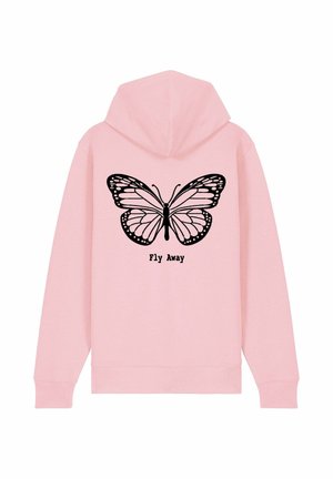 Felpa rosa con cappuccio, caratterizzata da una grafica di una farfalla nera e la scritta "Fly Away" sotto. Realizzata in tessuto morbido e testurizzato.