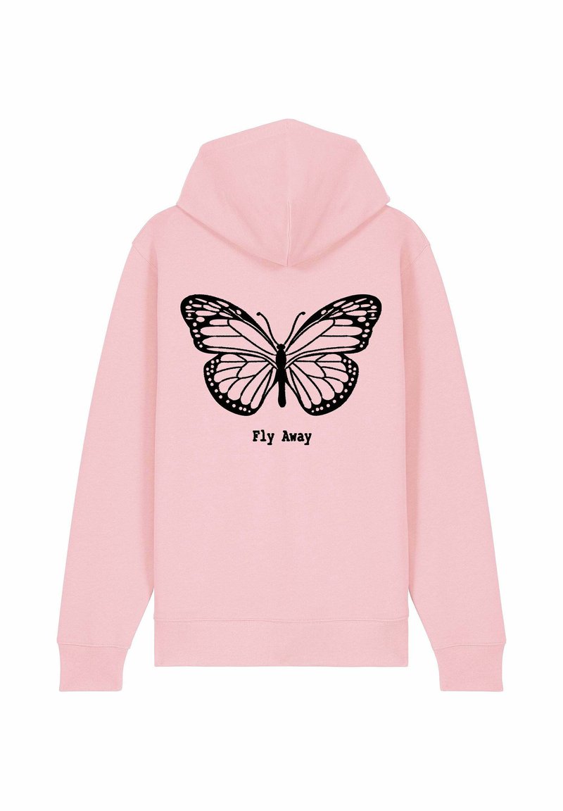 Felpa rosa con cappuccio, caratterizzata da una grafica di una farfalla nera e la scritta "Fly Away" sotto. Realizzata in tessuto morbido e testurizzato.