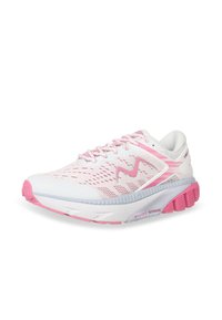 White athletic shoe with pink accents, mesh upper, padded collar, and prominent rubber sole featuring textured grip and "Pivot Stride" branding.