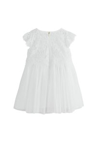 Valge kleit, millel on pitsist büst ja lühikesed varrukad, läbipaistvast kihist koosnev seelik, selja lukuga kinnitamine ja sile tekstuur.