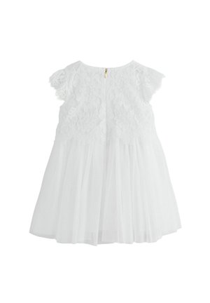 Biele šaty s čipkovým korzetom a krátkymi rukávmi, s priehľadnou viacvrstvovou sukňou, so zipsom na chrbte a hladkou textúrou.