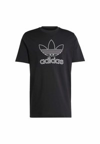 T-shirt in cotone nero con maniche corte, caratterizzato da un logo Adidas contornato di bianco e dal design trefoil sul davanti. Stile classico con collo a giro.