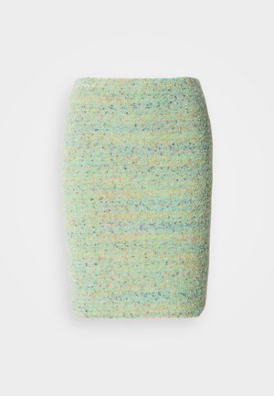 Knirpels rok van getextureerde, gespikkelde stof in pastelgroen met hints van blauw, oranje en paars doorheen.