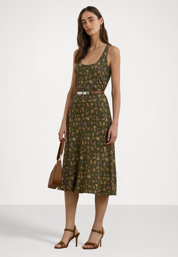 FLORAL BELTED CREPE SLEEVELESS DRESS - Day dress - olive4