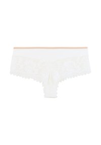 String en dentelle blanche avec un bord festonné et une taille douce beige ; motif floral délicat sur toute la surface.