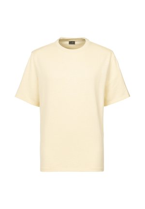 Schlichtes, hellbeiges Kurzarm-T-Shirt aus Baumwolle mit Rundhalsausschnitt, ohne sichtbare Designs oder Logos, vor weißem Hintergrund dargestellt.