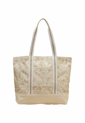 Beige canvas tote bag with palm tree and building print, two long handles, front pocket, and "Joules" logo patch.