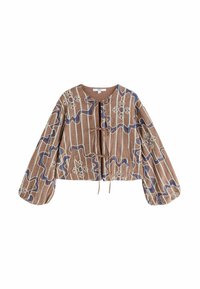 Veste courte marron à rayures verticales, motifs floraux brodés, manches longues bouffantes et fermetures à nouer sur le devant.