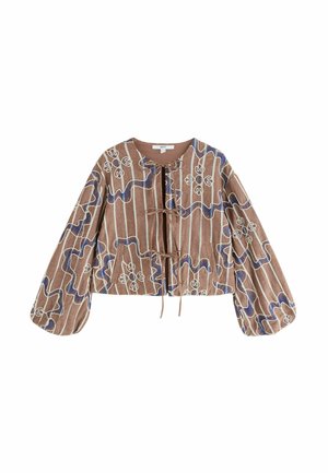 Brązowa krótka kurtka w pionowe paski, z haftowanymi kwiatowymi wzorami, długimi bufkami i zapięciami na wiązania z przodu.