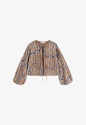 Pruun lühike jakk vertikaalsete triipudega, tikitud lillemustritega, pikad paisutatud varrukad ja esiküljel lipsuga kinnitused.