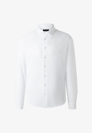 White long-sleeve button-up shirt with a collar, featuring a smooth texture, classic fit, and six front buttons made of light-colored plastic.