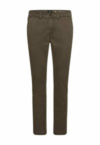 Olivgrüne Hose, Slim Fit, aus Baumwollmischgewebe. Verfügt über ein klassisches Fünf-Taschen-Design und einen Reißverschluss mit Knopfverschluss.