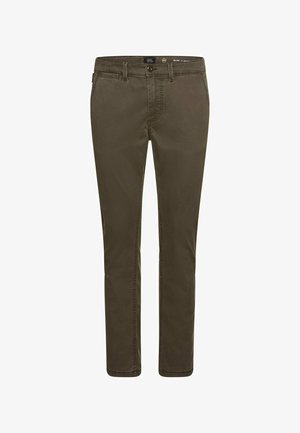 Zielone oliwkowe spodnie, slim fit, wykonane z bawełnianej tkaniny mieszanej. Posiadają klasyczny pięciopunktowy krój oraz zamek błyskawiczny z zapięciem na guzik.