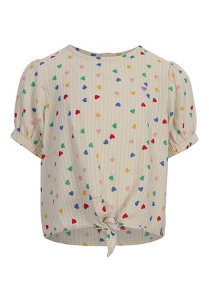 Roomwitte korte mouwen blouse met een meerkleurig hartjespatroon, opgeblazen mouwen en een strik aan de voorkant bij de zoom.