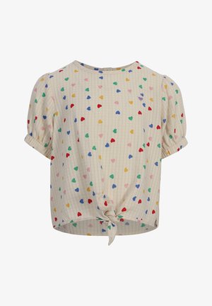 Roomwitte korte mouwen blouse met een meerkleurig hartjespatroon, opgeblazen mouwen en een strik aan de voorkant bij de zoom.